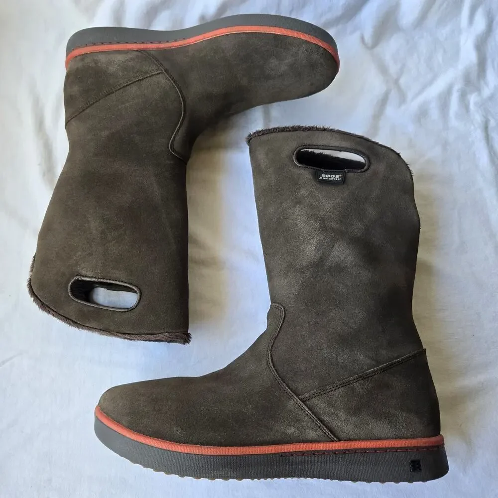 Bogs Boga Women's Tall Suede Fleece Lined Waterproof Winter Boots Brown Size 9.5